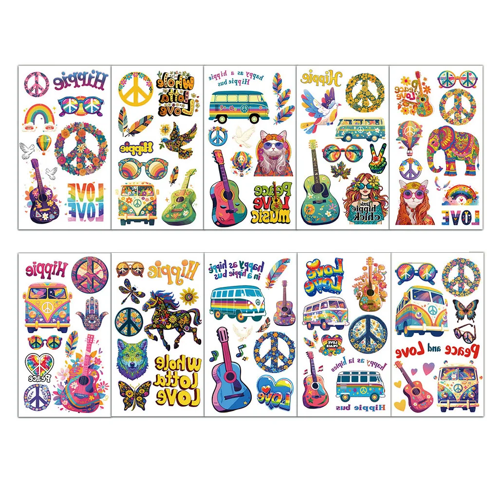 สติกเกอร์รอยสักฮิปปี้สร้างสรรค์ใหม่10ชิ้นการตกแต่ง DIY ฤดูร้อนสติกเกอร์รอยสักส่วนบุคคล
