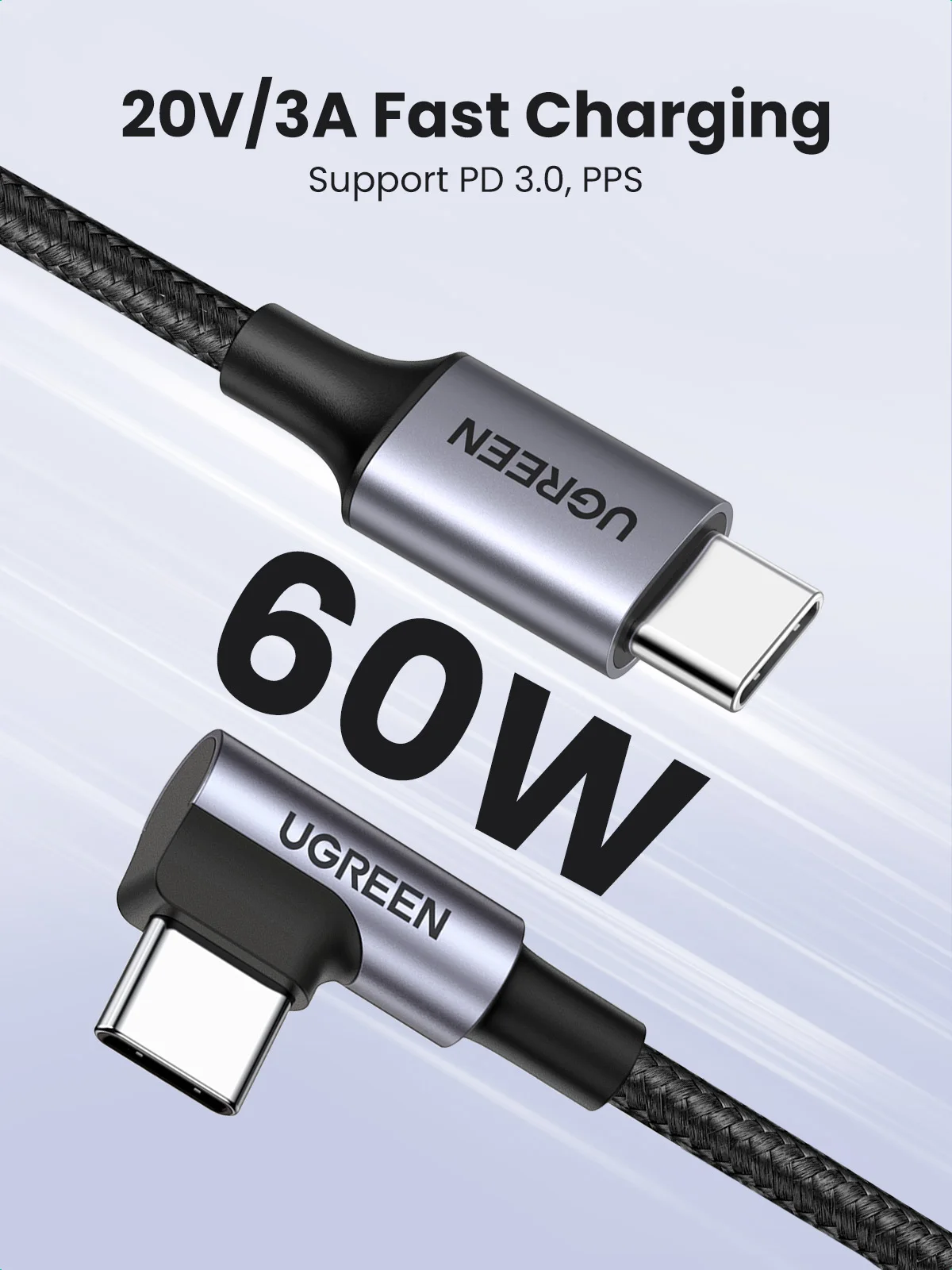 UGREEN 90-Degree USB-C to USB-C Cable PD60W Fast Charging for iPhone 17 Samsung S25 iPad Type-C Cable Cord 20V 3A Gaming Cable