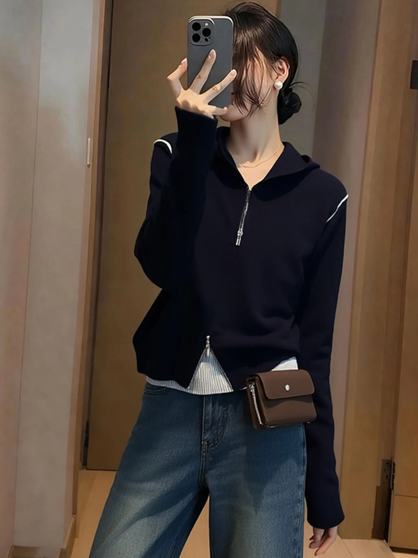 Korean Sle Winter Faionable Hooded Camere Knitwear Long Sve Color Blo Design Casual Comfortable Women's Top