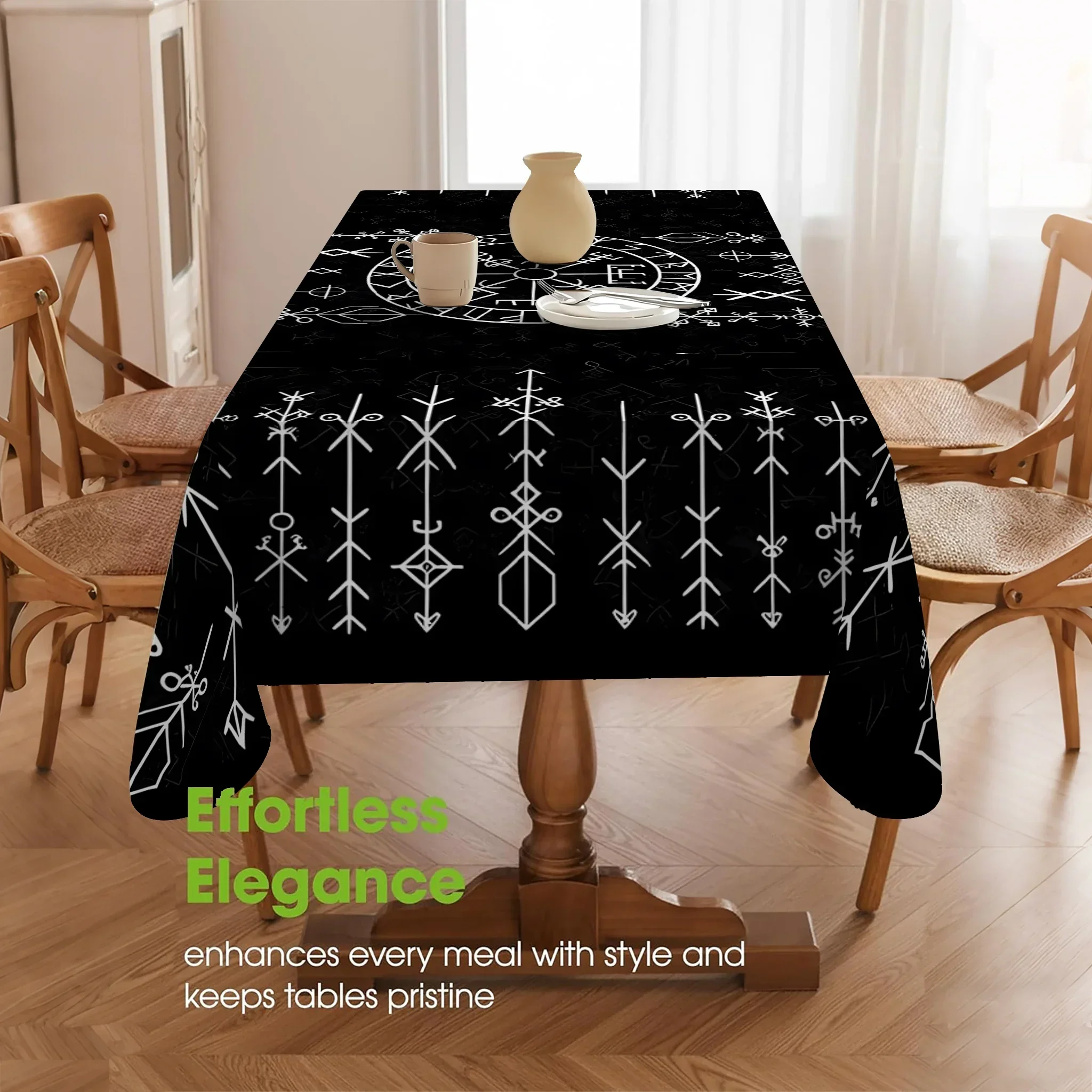 1 piece Viking Compass Runestone Tablecloth - Black background with Nordic runic totem printxzj