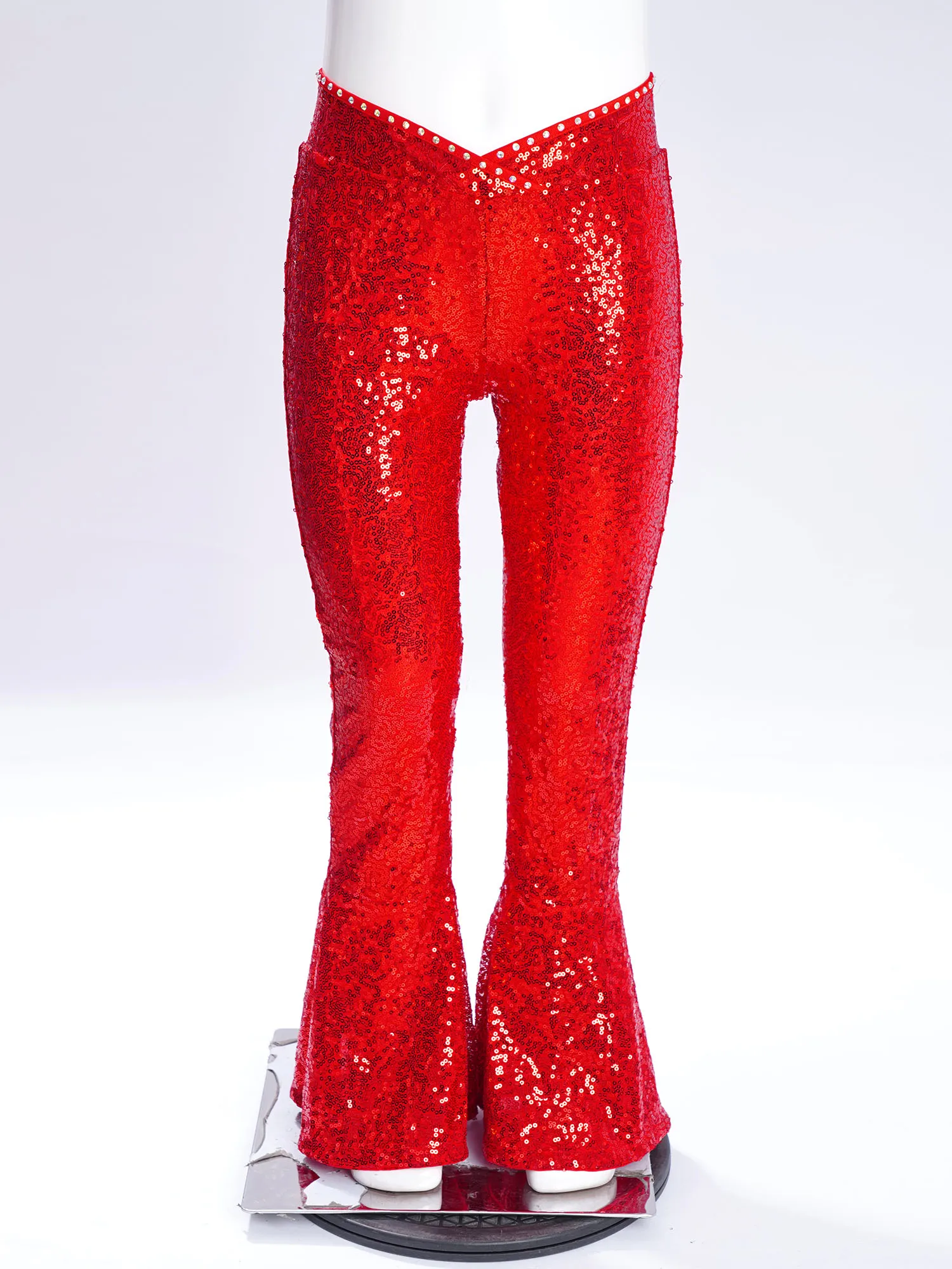 

Kids Girls Dance Pants Sequins Rhinestones V-Front Waistline Zipper Flare Pants for Jazz Latin Dance Performance Competition
