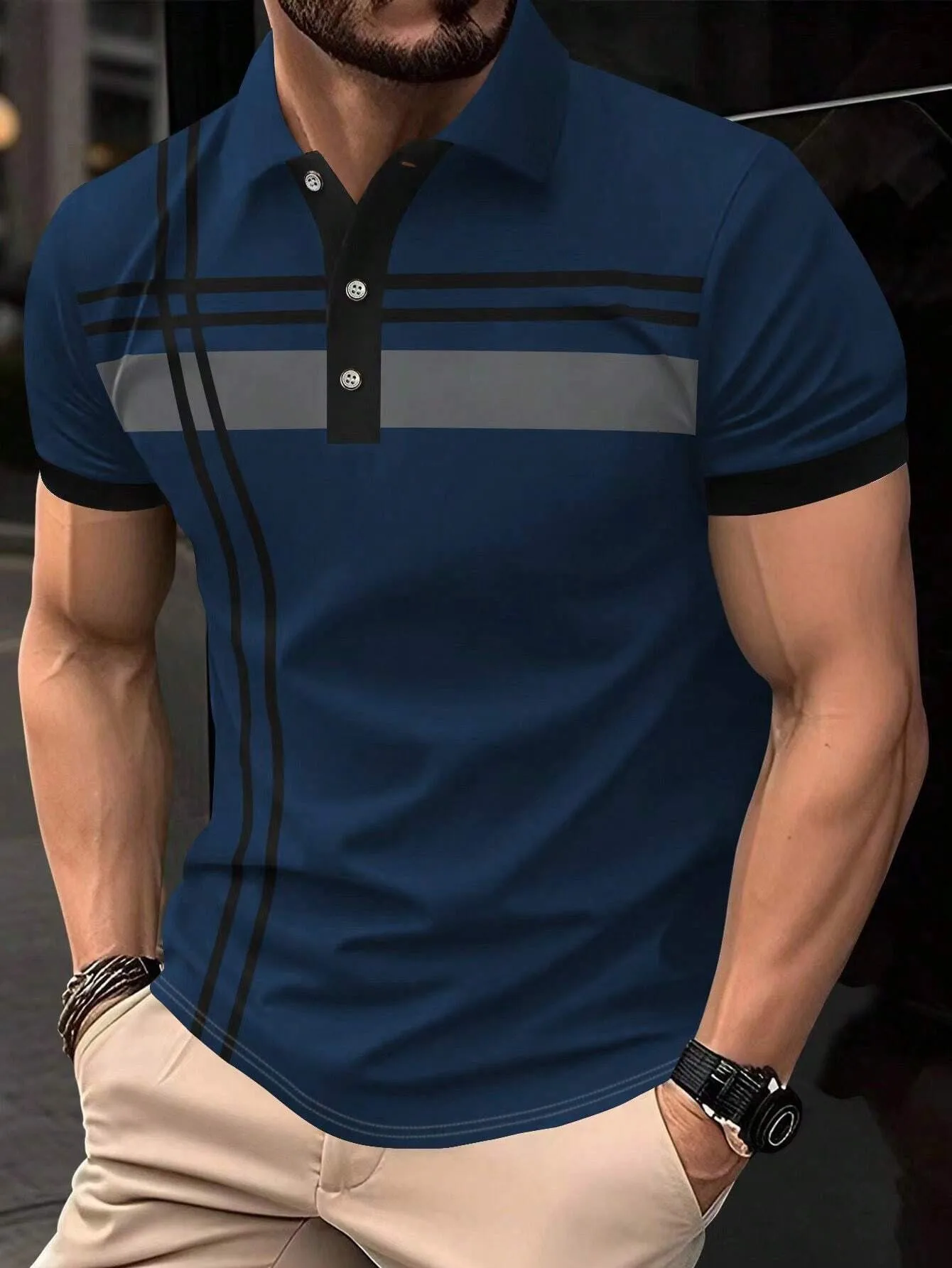 European and American summer men's fashion striped print micro elastic breathable polo short sleeved T-shirt outdoor casual top