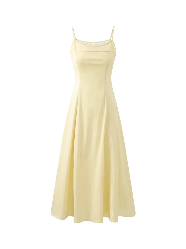 French Yellow Spaghetti Strap Maxi Dress Women Summer Slim Fit Elegant Long A-Line Sleeveless Flowy Sundress Vacation Outfit