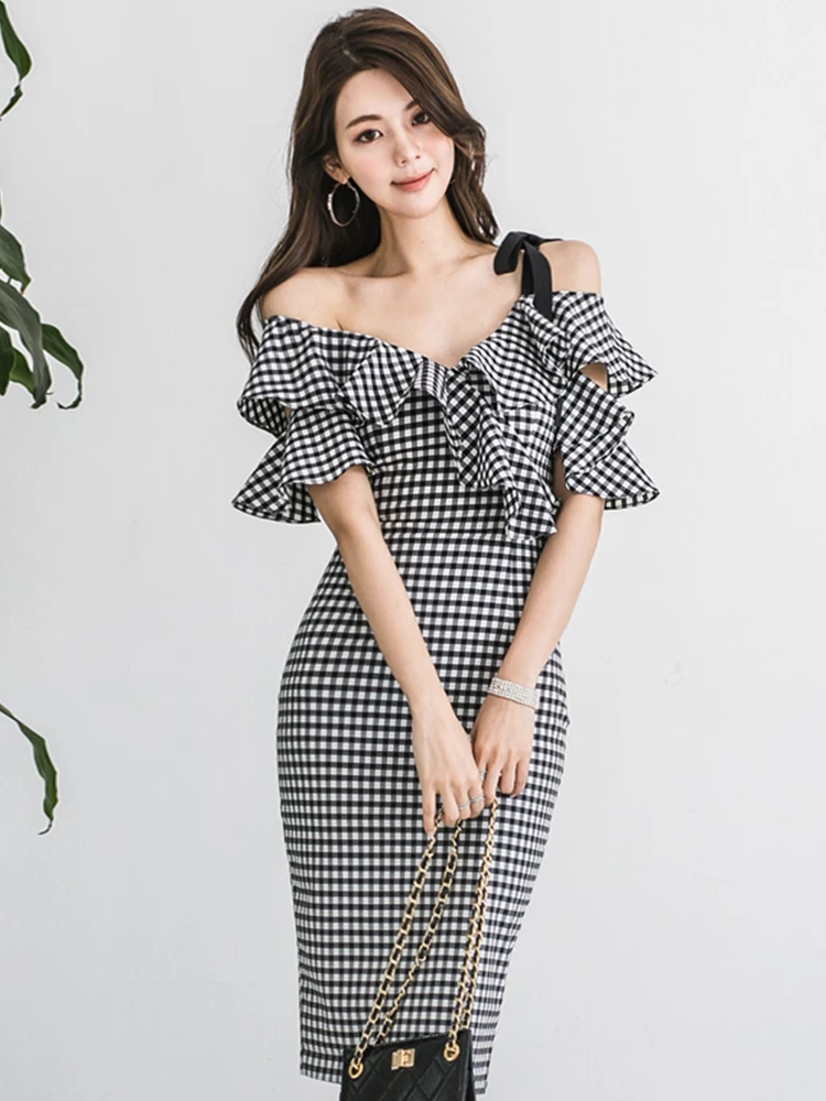 

Summer Elegant Sweet Women Evening Dress Chic Slip Strap Ruffles Sexy Diagonal Collar Slim Midi Robe Party Club Mujer Vestidos