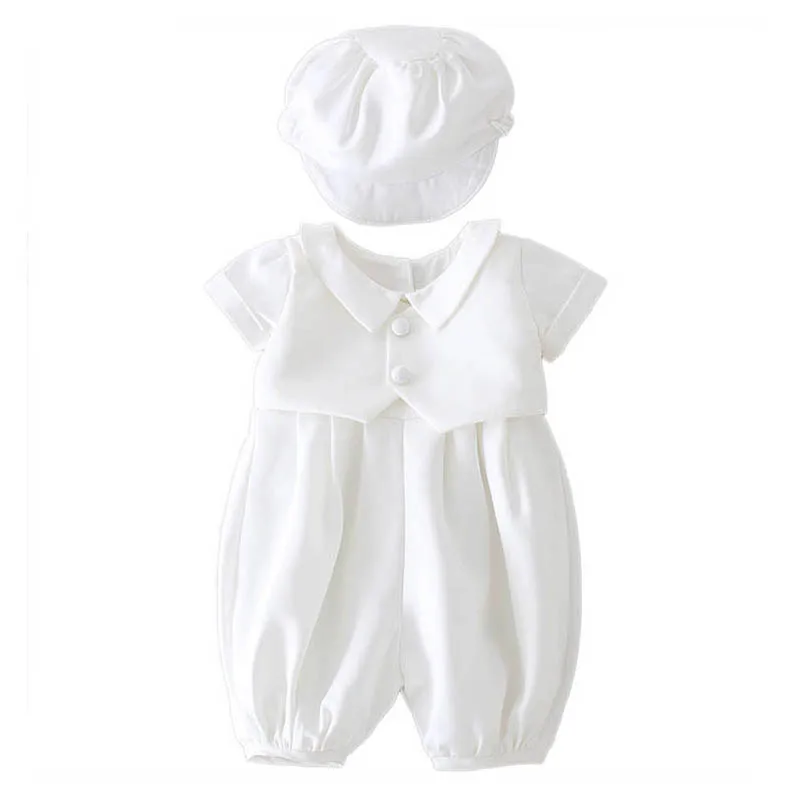 Baby White Formal Jumpsuit Babies Short Button Baptism Romper+Cap Christening Gown for Newborn Baby Boy Birthday Costume Clothes