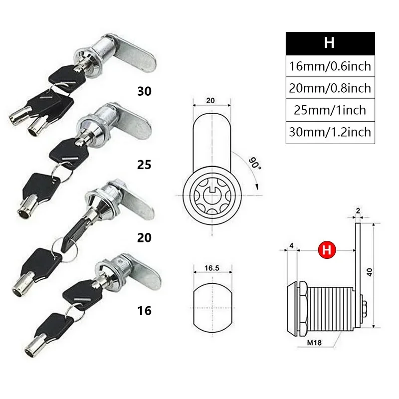 Cylinder Locks for Cabinet Door Mailbox Drawer Cupboard Box - Multiple Sizes 16mm/20mm/25mm/30mm with 2 Keys Furniture Hardware