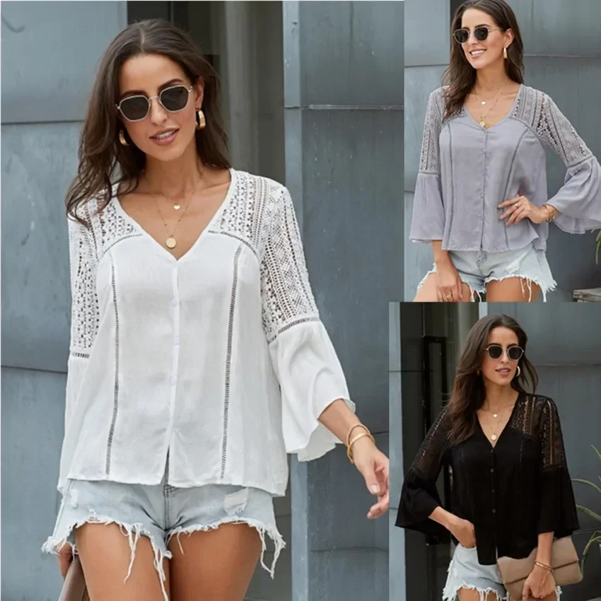 Camicette in pizzo bianco rayon di cotone Donna Top vintage con scollo a V Manica svasata Scava fuori Camicia camicetta estiva Casual boho Beach blusas