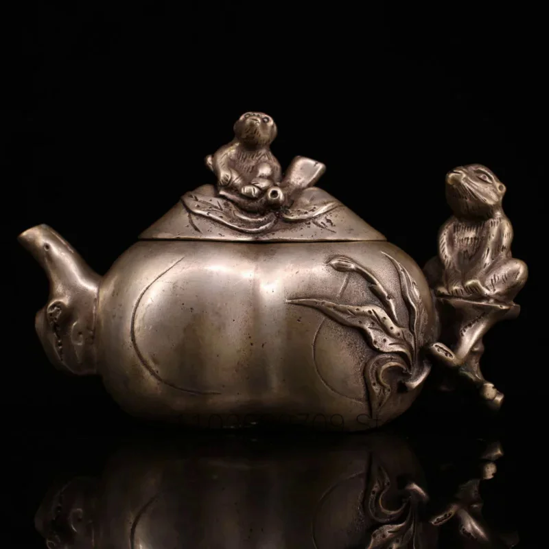 

7"Tibet Temple Collection Old Bronze Gilt silver Monkey statue ape kettle flagon Teapot Ornaments Town House