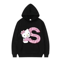 2024 Black Hello Kitty Letter A-Z Woman and Men Long-sleeved Hoodies Sanrio Hoodies Clothes Cartoon Clothes Kawaii Y2k Top