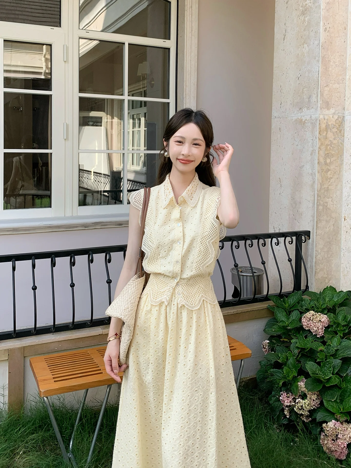 

f Summer Lemon Design Sense Hollow out Lace Top Women's Svel Texture Collar irt Small Size Cotton Commute Sle