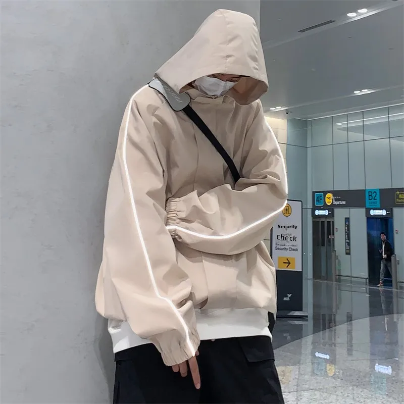 

American High Street Sle Men's Oversize Jaet Spring Casual Hooded Windbreaker Functional Faion Long Sve Zipper Closure