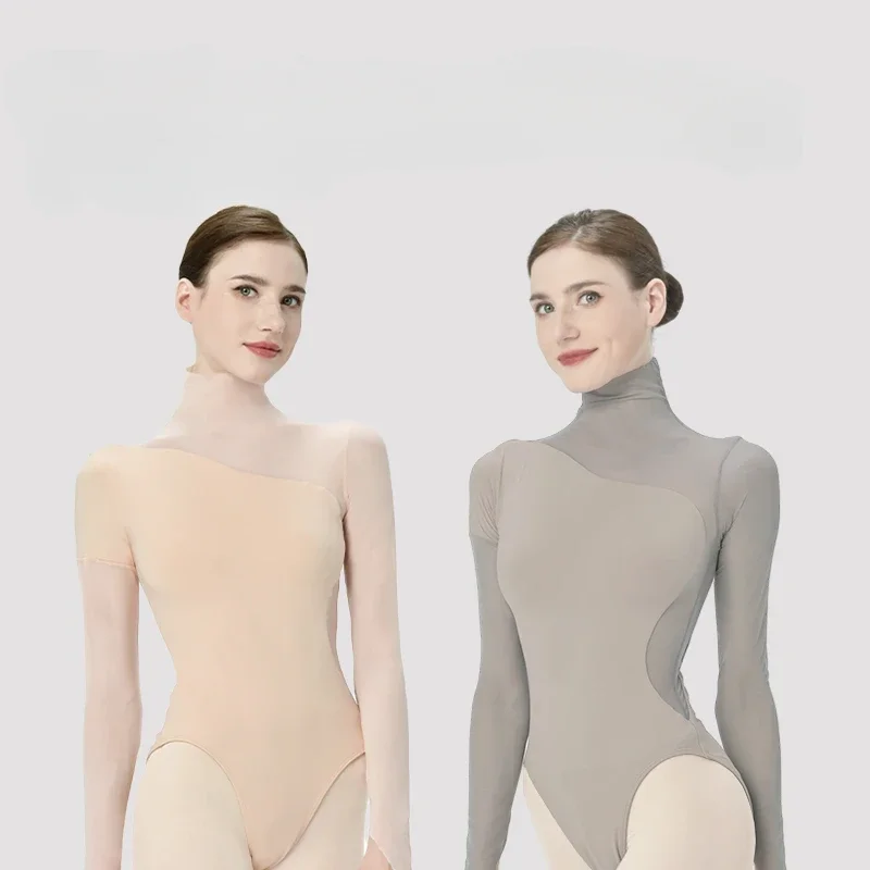 

Сексуальный балетный купальник с высоким воротом и длинными рукавами для взрослых, серый гимнастический боди, женская одежда для йоги, балетные купальники для девочек