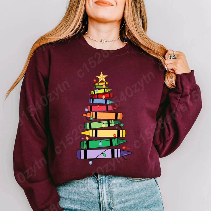 New Women Hoodeless Sweatshirts Christmas Light Teacher Crayon Tree Print Round Neck Pullovers Cool Soft Ladies Casual Pullovers