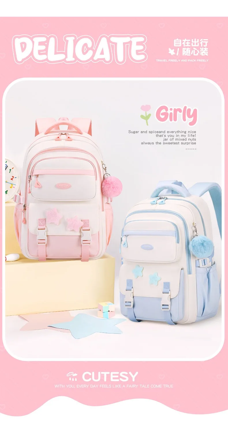 Primary Middle School Backpack for Girls Cute Backpack for School Pink School Bag for Teen Girls with Star Pins Furry Pendant