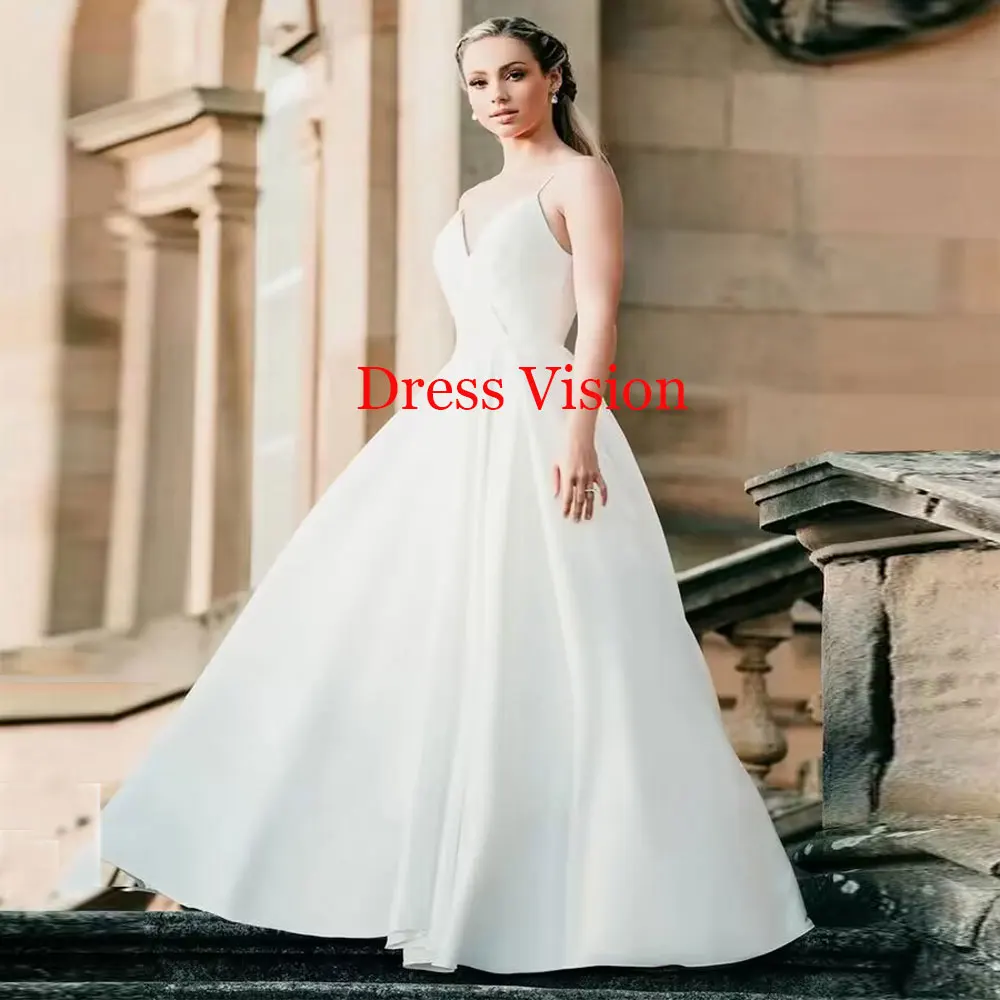 

Satin Wedding Dresses Pleat V-neck Spaghetti Strap A-line Bridal Gowns Simple Vestidos Para Mujer Elegantes y Bonitos