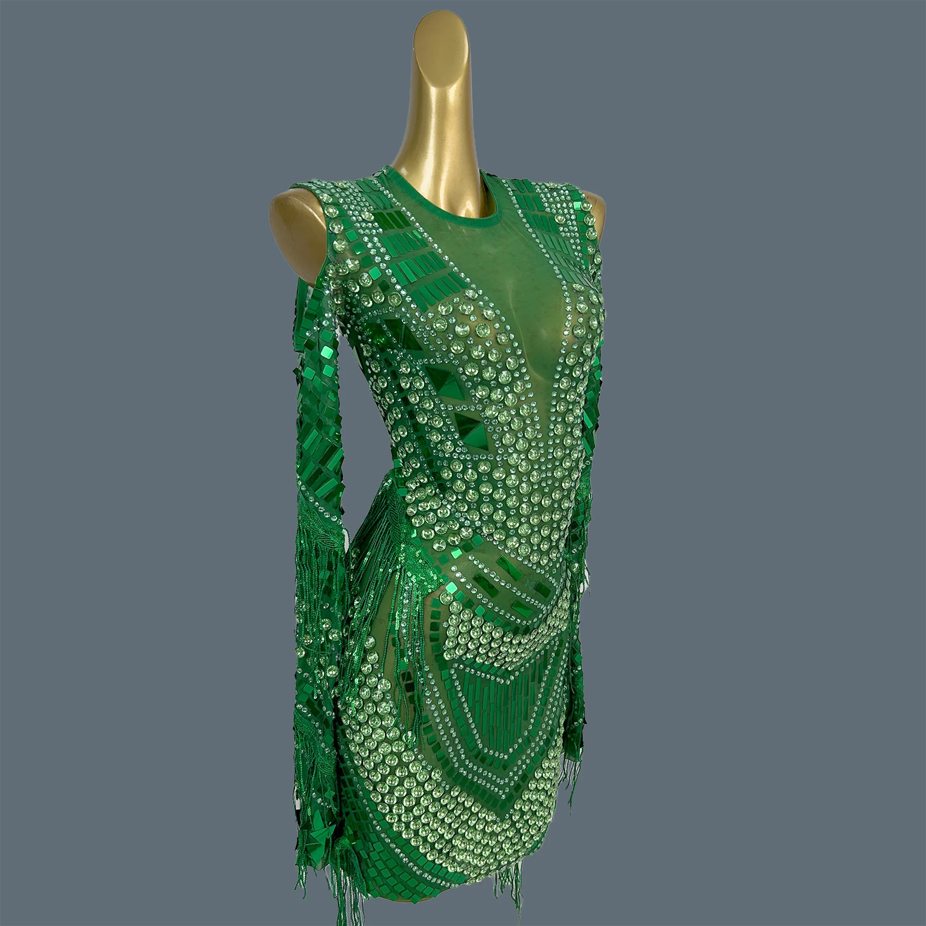 Sexy Women Full Rhinestone Sequins Tassel See Through Mesh Mini Dress Streamer Theme Party Photo Shoot Wear gig  Outfit Youzi