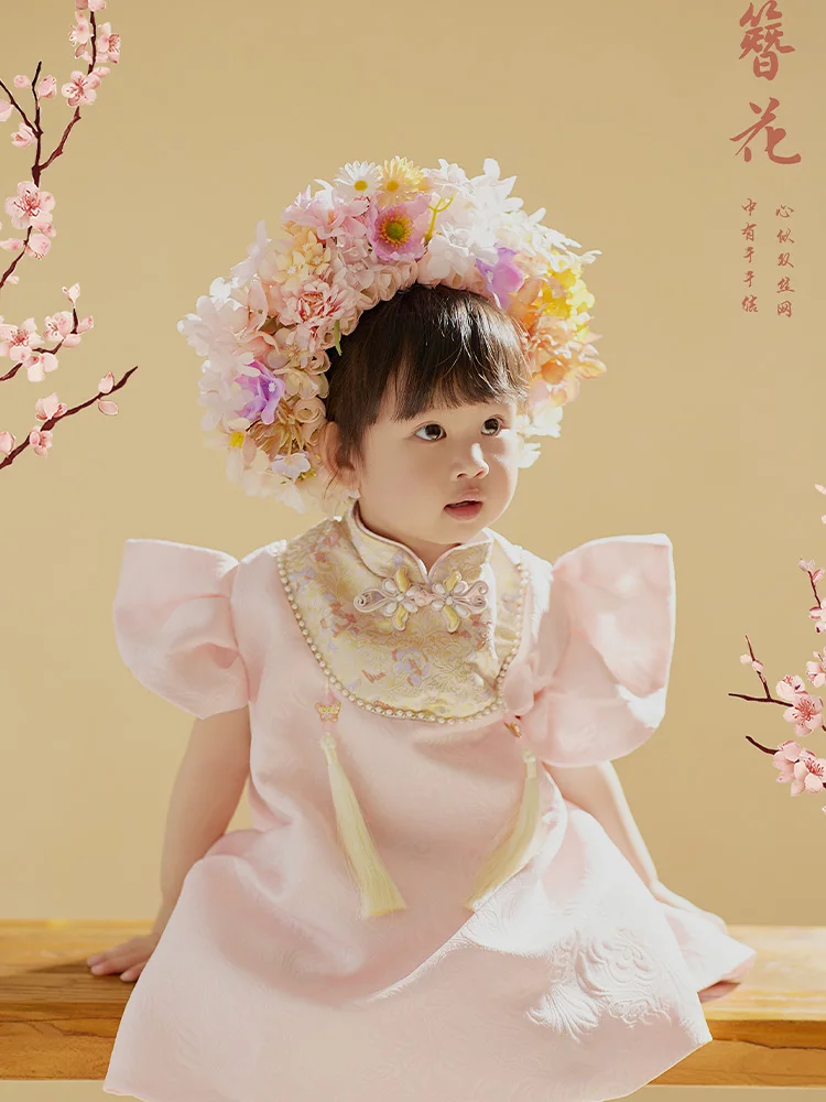 

Chinese Style Girls Dress 1-2 Year Old Children Photography Outfit Beautiful Flower Headdress Studio Baby Girl Photo Accessories