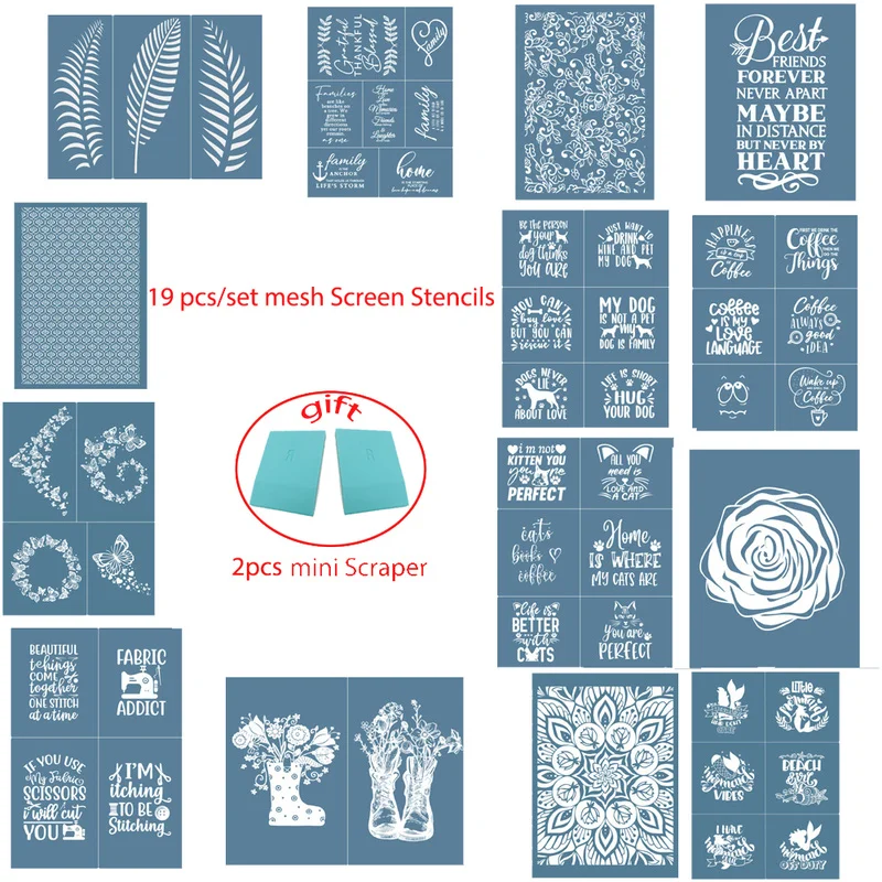 Self-Adhesive Mesh Screen Stencils, Printing Stencil, Reusable Transfer, Washable for Painting with 2 Scrapers, DIY, 19Pcs/Set