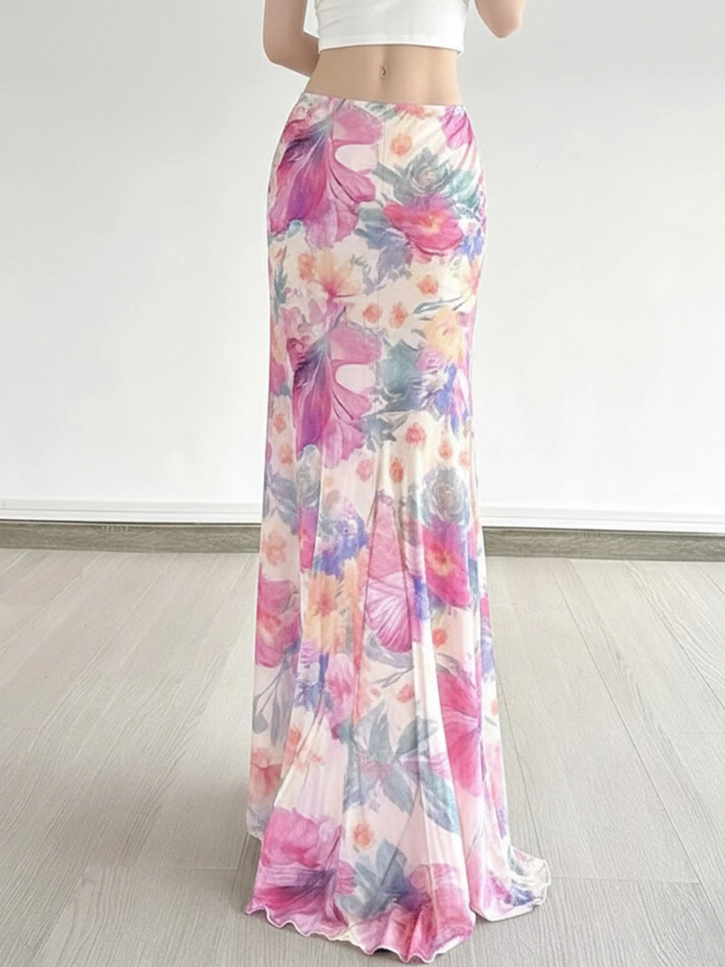 

WEEKEEP Holiday Style Floral Print Mesh Half Skirt Low Waist Draping Elegant Long Skirt Women's Fashion Summer 2026 China