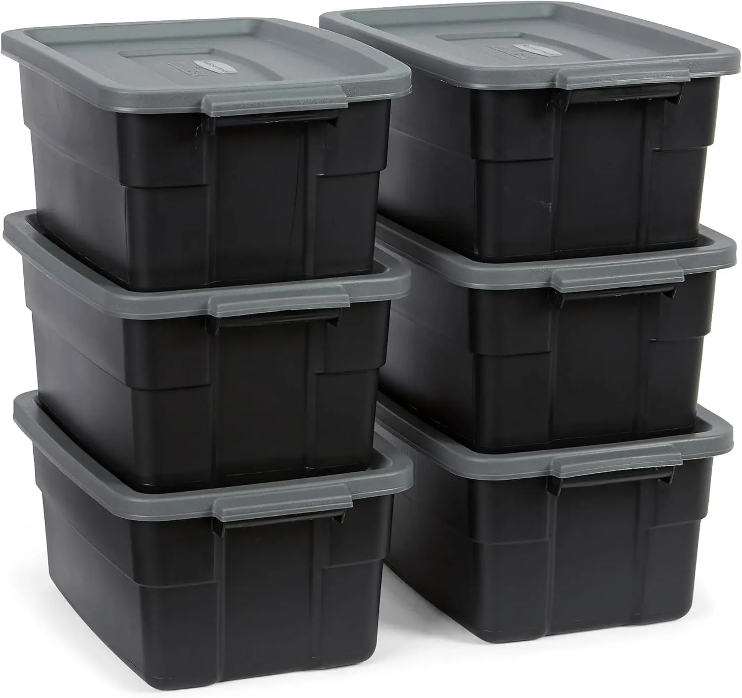 

Набор из 6 прочных контейнеров Rubbermaid объемом 3 галлона для хранения с крышками на защелках и ручками, пластиковые штабелируемые ящики для хранения, черные, серия GR.