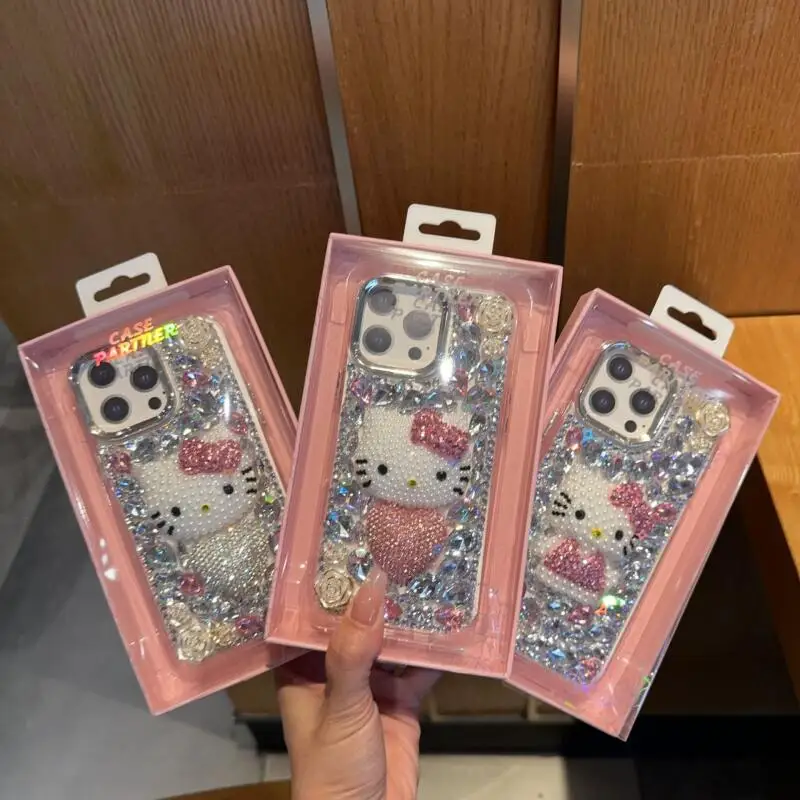 لطيف Kt حجر الراين قضية الهاتف المحمول Kawaii مرحبا كيتي 16 برو ماكس 15 14 سانريو أبل جراب هاتف الراقي صديقة مهرجان هدية