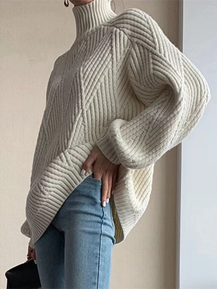 High Neck Knit Pullovers Women Spring Fall Korean Loose Casual Long Sleeve Sweater Tops 2 Colors