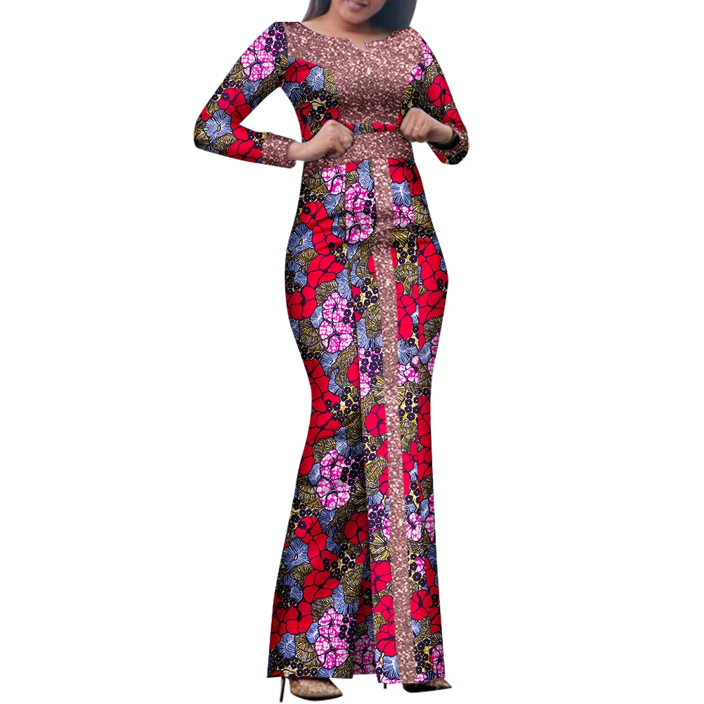 Afrikanisches Damen-Bodycon-Meerjungfrauen-Maxikleid mit langen Ärmeln, Ankara-Print, Glitzerbesatz und Schlitz, Abendkleid WY8458