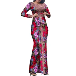 African Women Bodycon Mermaid Maxi Dress Long Sleeve Ankara Print Glitter Trim Split Evening Party Dress WY8458