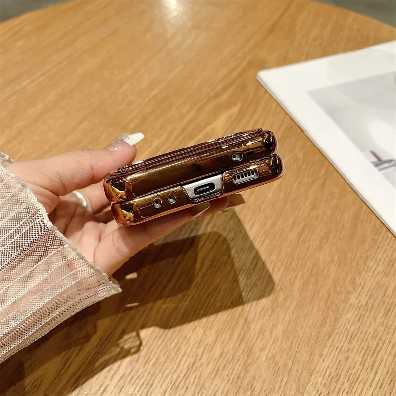 Pu Leather Trim Phone Case For Samsung Galaxy Z Flip 6 5 4 3 5G Hinge Electroplated Plastic Back Cover K02