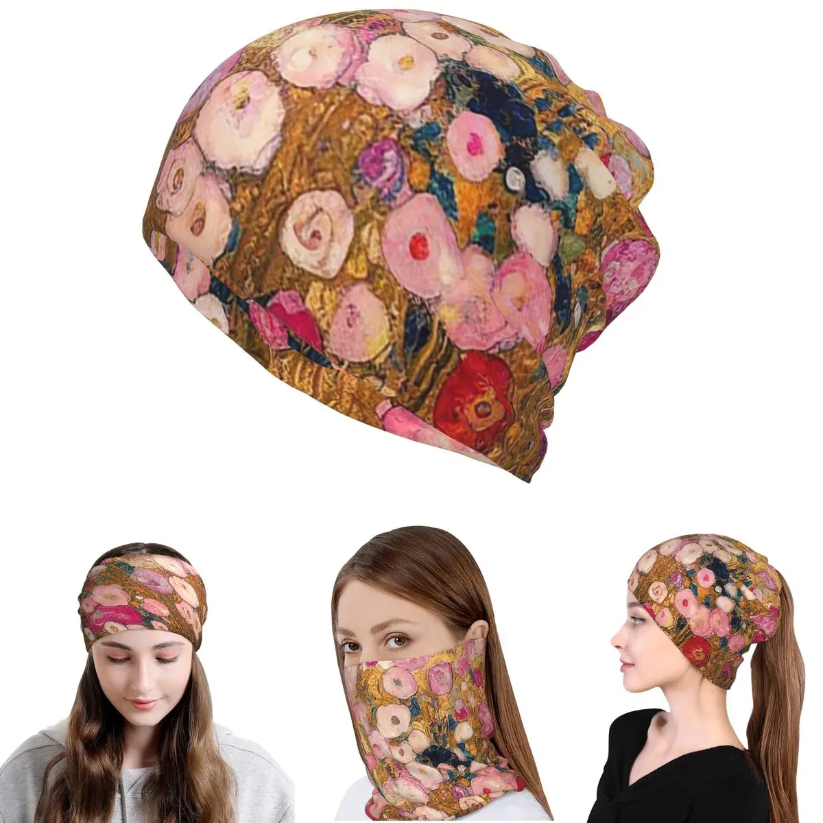 Gustav Klimt Pink Flower Garden Bandana Neck Cover Wrap Scarf Warm Cycling Scarf Beanies Hat for Men Women Adult Washable
