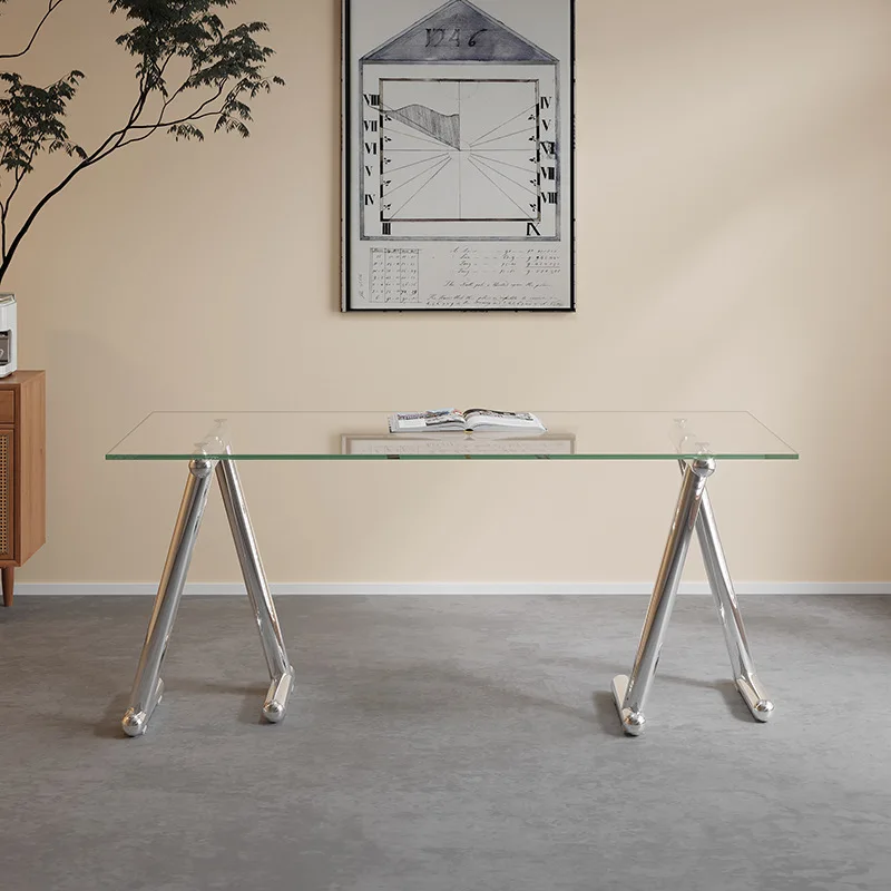 Pre-Made Stainless Steel Metal Round Tube Rectangular Glass Table Minimalist Computer Desk