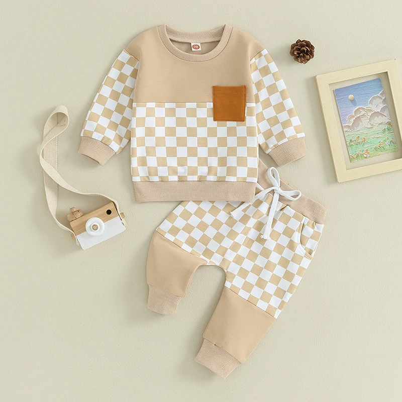 2023-08-01 Lioraitiin 0-3T Baby Boy Clothes Outfits Plaid Long Sleeve Pocket Sweatshirt and Elastic Pants Toddler Fall Clothes