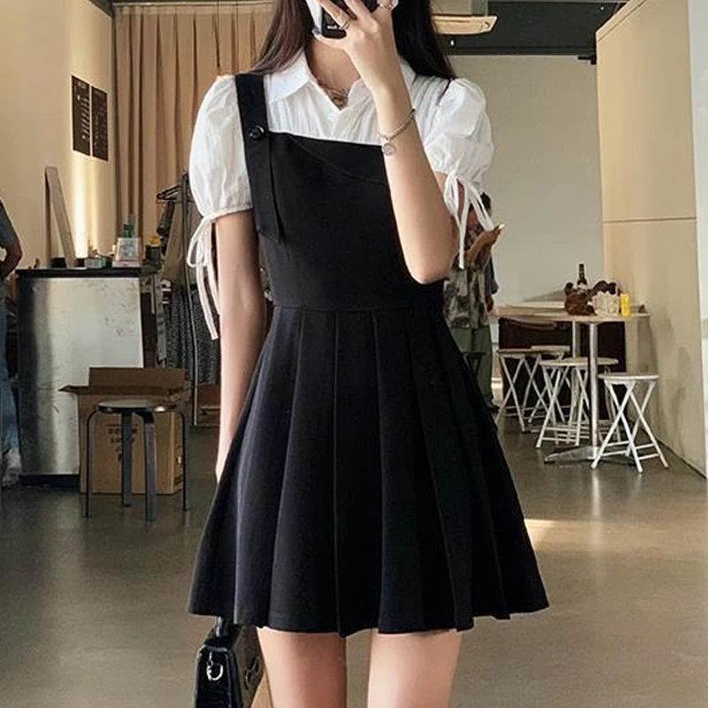 Sweet Preppy Style Lace Up High Waist Kawaii Pleated Dresses for Women 2024 Summer Casual Patchwork Short Sleeve Slim Mini Dress