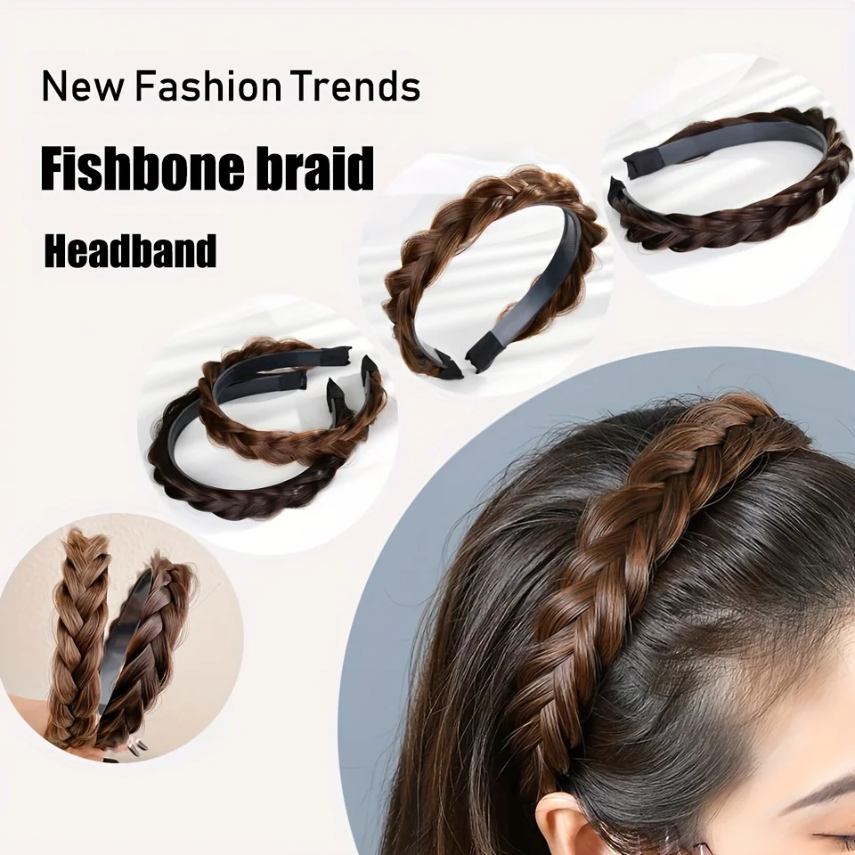 OLACARE Wig Braided Headbands for Women Fishbone Wide Twist Hairbands Handmade Head Hoop Hair Bands Styling Headwear Accessories