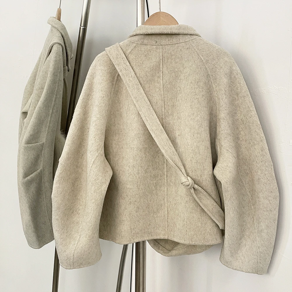 Vrouwen Echte Vos Bontjas Wollen Jas Rits Mode Casual Lange Mouwen Vrouwelijke Tas Herfst Lente Zakken Korte Wolmix Jas