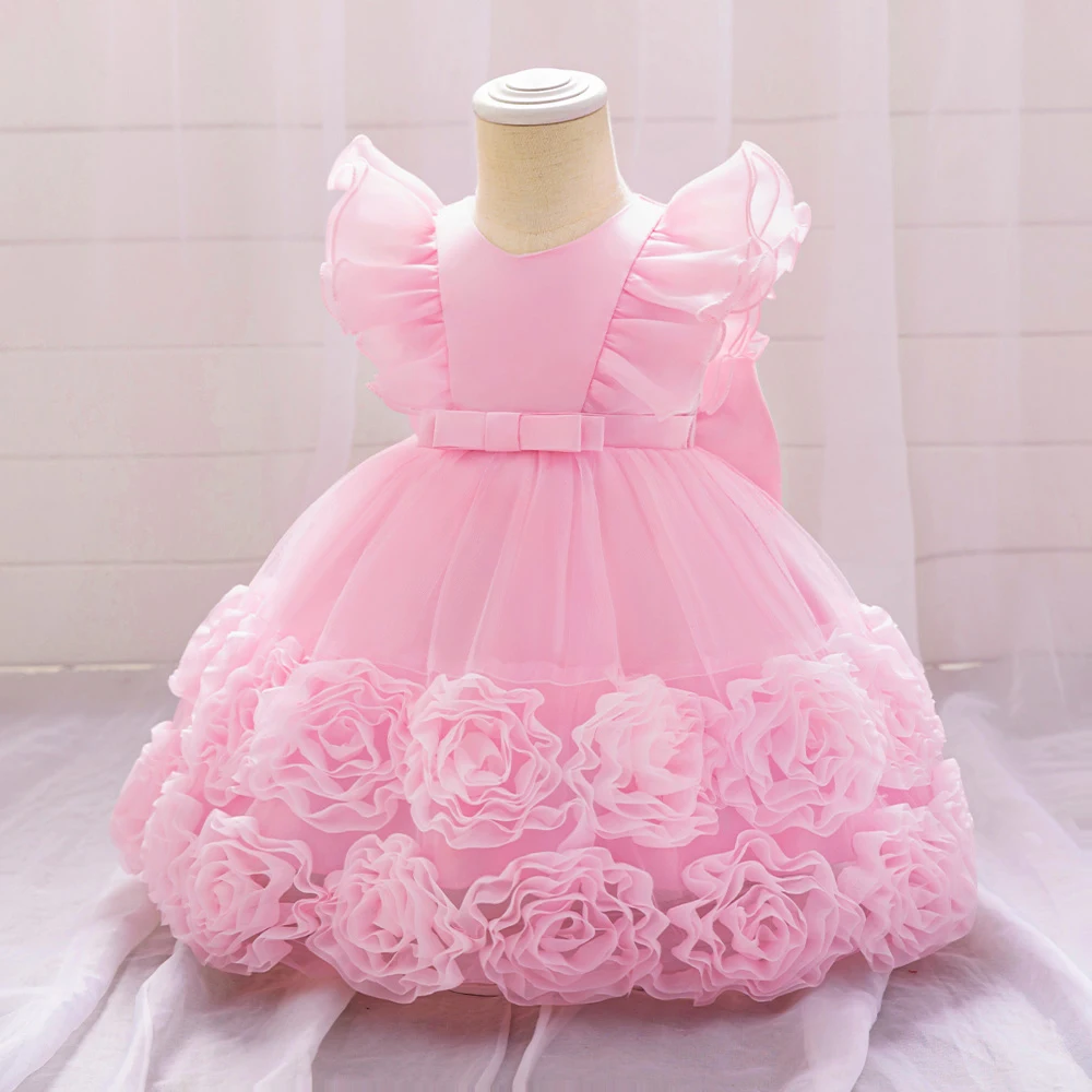 Big Flower Pink 1st Birthday Dress For Baby Girl Clothes Lace Princess Baptism Dress Girls Dresses Party Wedding Gown 0-4 Year