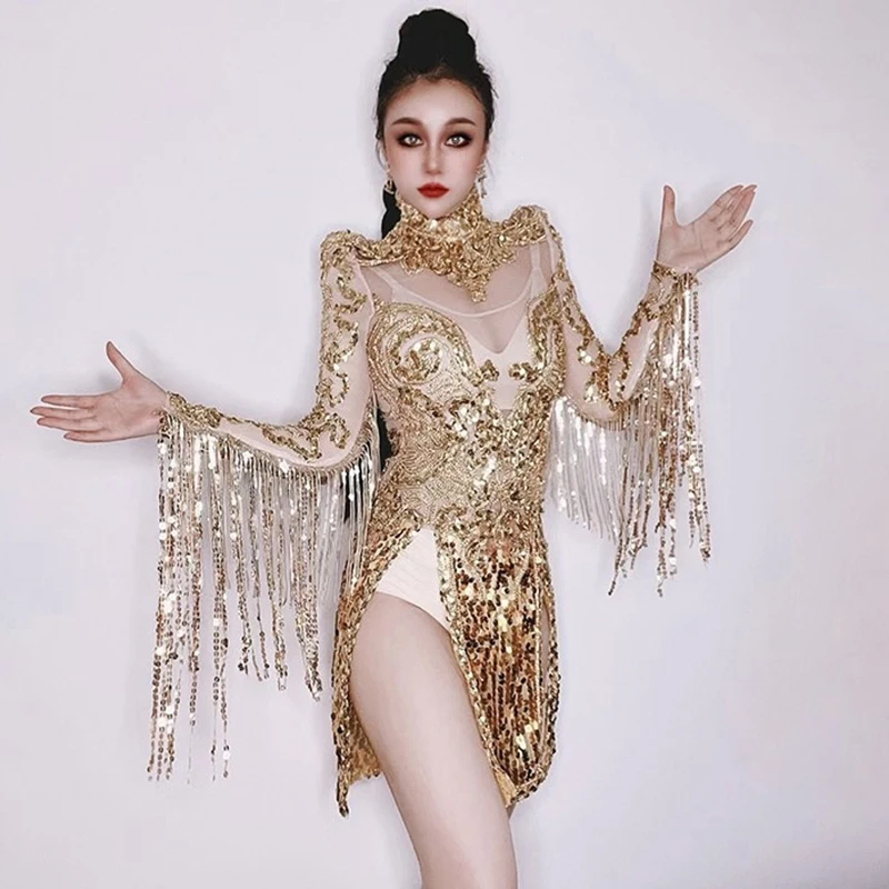 

Sparkly Rhinestone Fringed Dress Golden Gogo Dancer Clothing Women Sexy Stage Clothes Nightclub Party Show Rave Outfit VDL2440