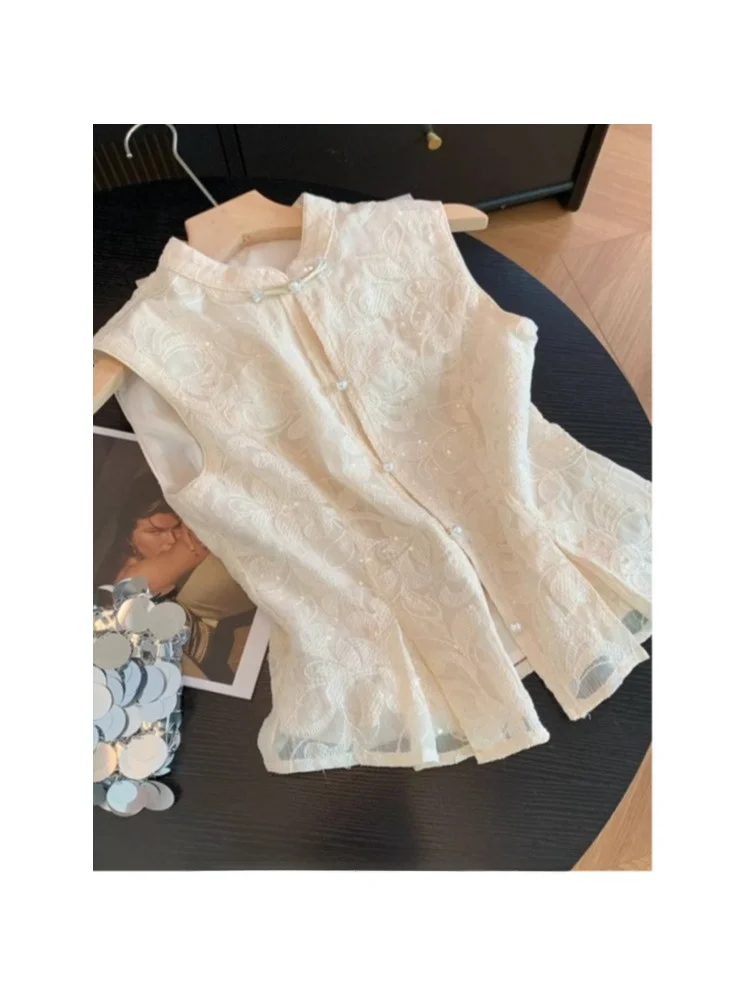 Nieuwe Chinese Sle Geborduurde Stand Kraag Svel irt Dames Zomer Taille-Knipperende High-End Veelzijdige Top