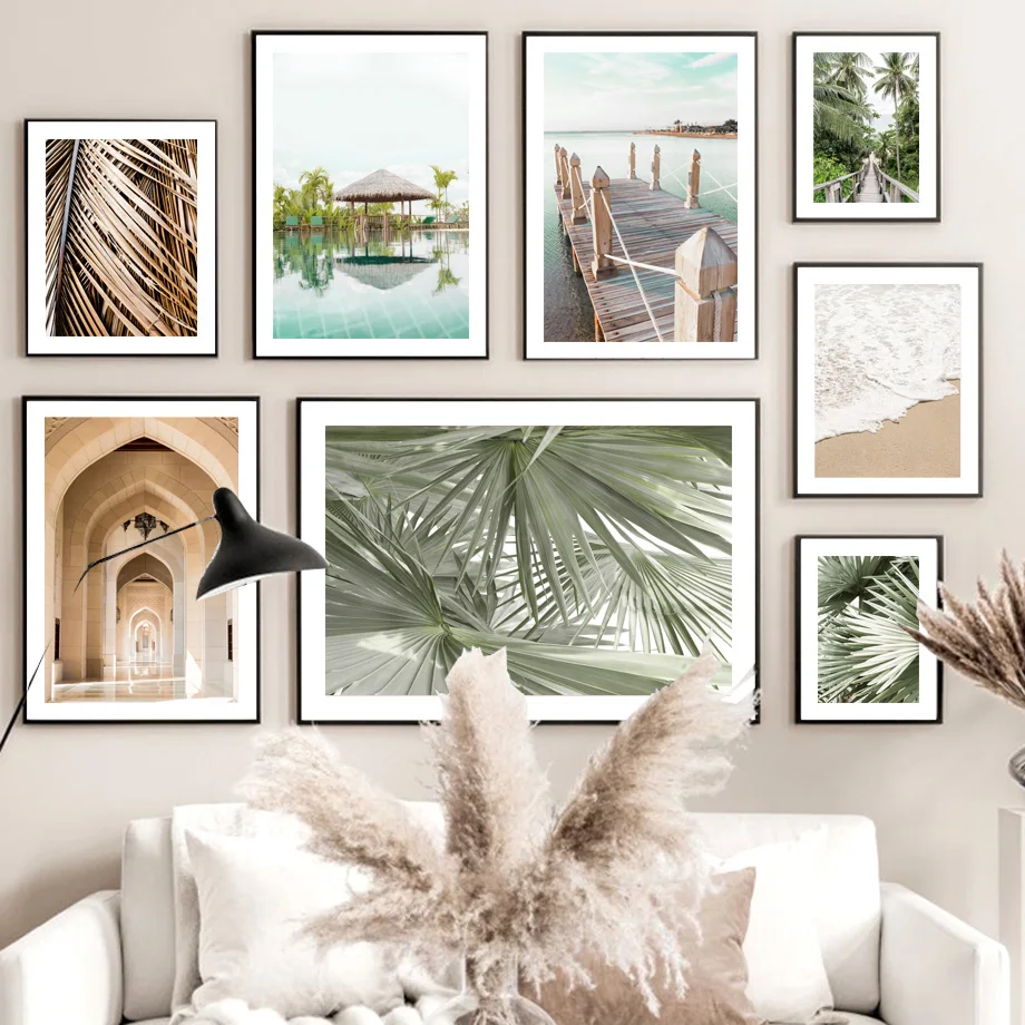 Island Getaway Beach Sea Wave Palm Leaf Bridge Wall Art Print Canvas Painting Boho Nordic Posters Wall Picture Living Room Decor