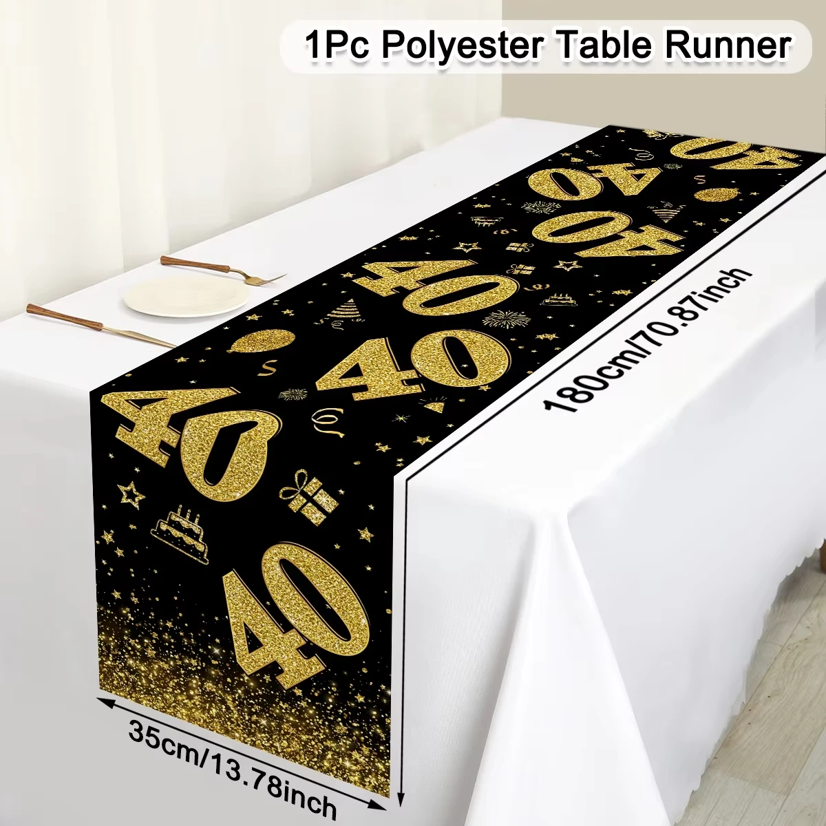 2D Flat 50 Year Old Black Gold Table Runner Happy Birthday Party Decoration Adult 30th 40th 50th 60t Birthday Tablecloth Banner
