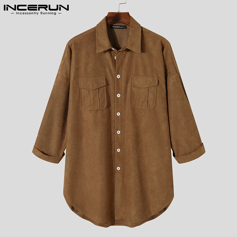 INCERUN Casual Men\'s Mid-length Suede Loose Shirts Tops 2022 Autumn Hot Sale Winter Vintage Lapel Collar Button Up Blouse S-5XL