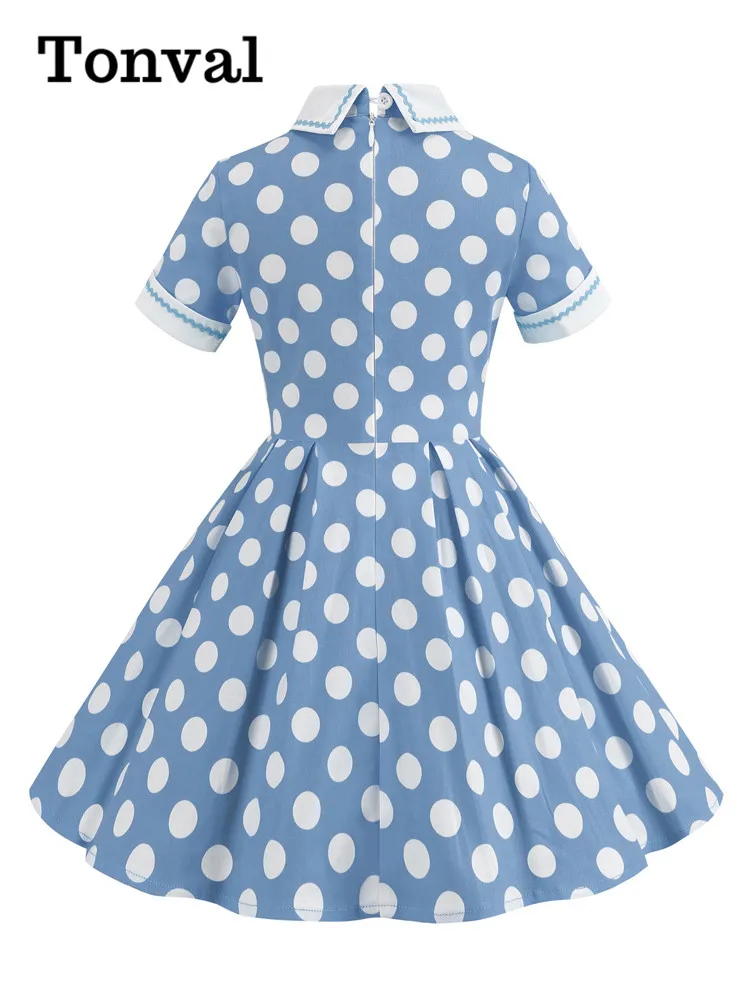 Tonval Peter-Pan Collar Buttons Front Polka Dot Print Cotton Dresses for Girls Vintage Party Wear 50s Style Kids Pleated Dress