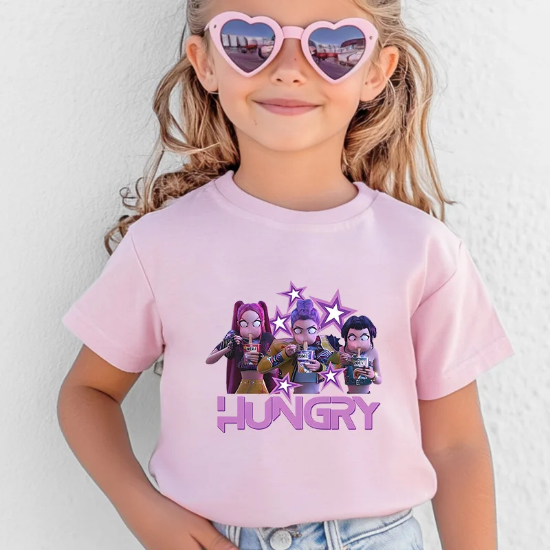 

Kawaii K-POP Demon Hunters Kids T-shirt Girl Boy Clothes Children Clothing Fashion Tops Cotton Sweet Gift Short Sleeve Costumes