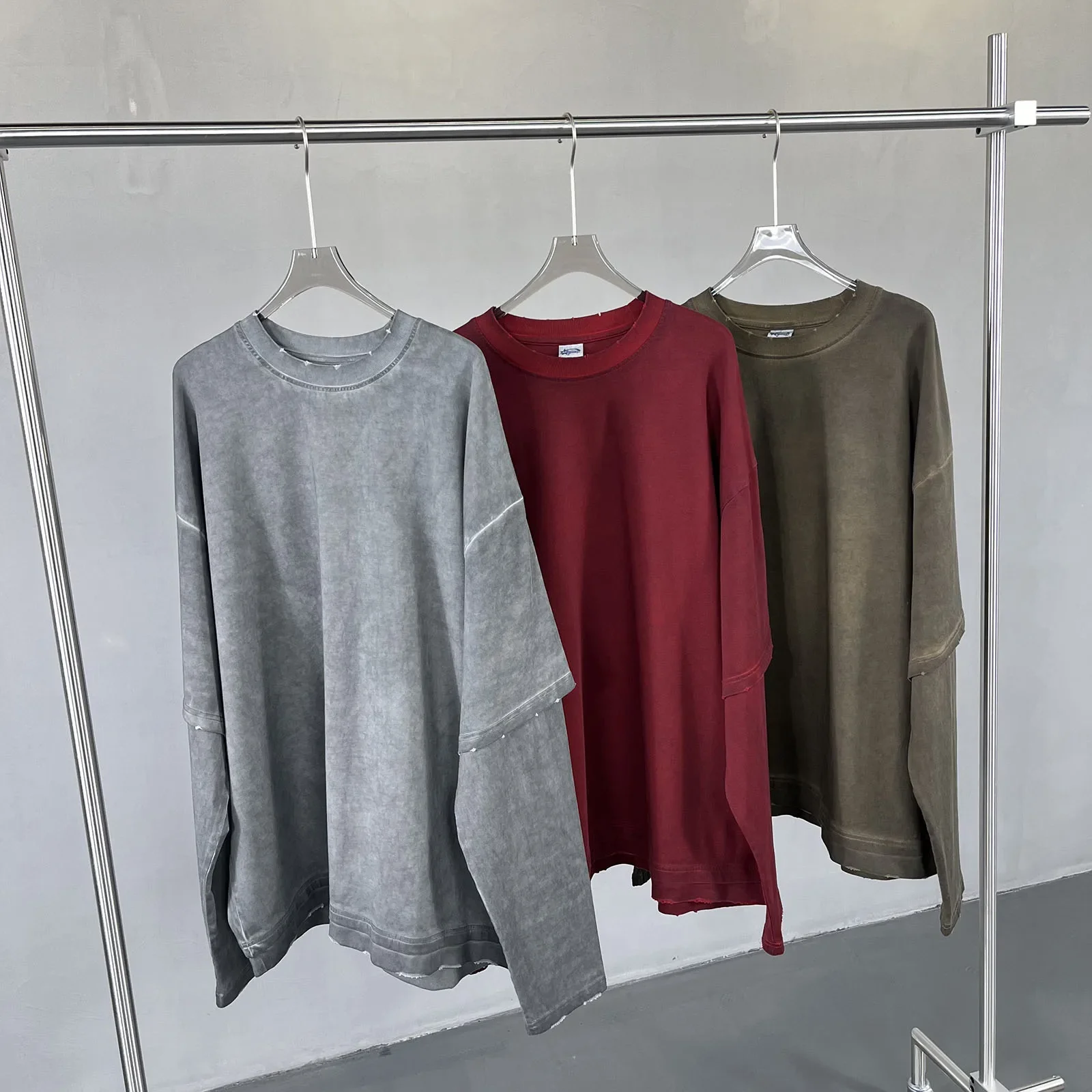 2024 Batik-gefälschtes zweiteiliges Langarm-T-Shirt für Männer Vintage gewaschenes trendiges Distressed-Sweatshirt Frauen übergroße Kleidung