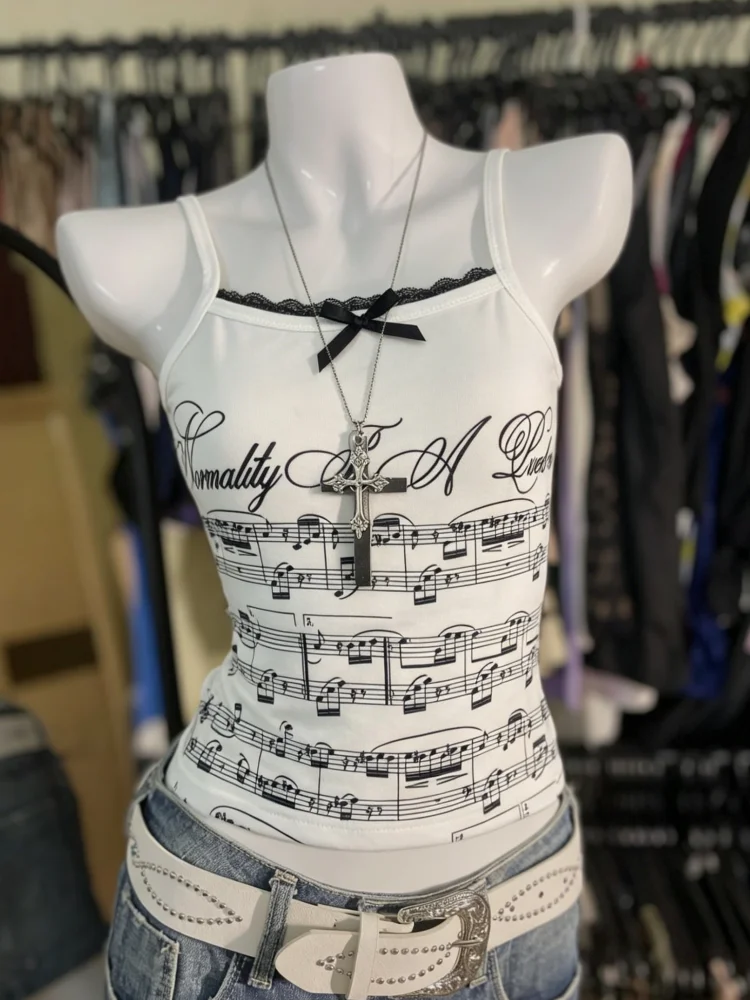 Coquette White Cami Top Women With Music Note Print Lace Trim And Bow Detail