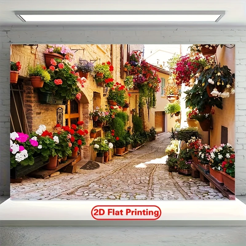 Large Floral Tapestry Wall Hanging European Alley Street Art Italian Mediterranean Home Decor Canvas Print Romantic Cottagecore