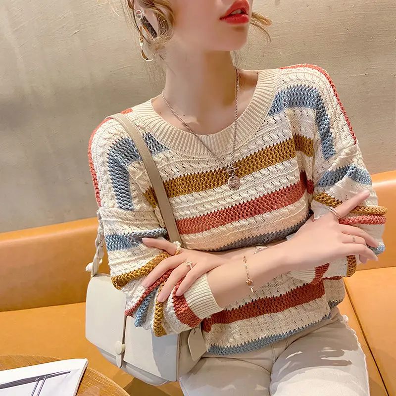 Women Autumn Korean Fashion Loose Multicolor Striped O-neck Long Sleeve Knitwear Women Clothes Casual All-match Office Lady Tops