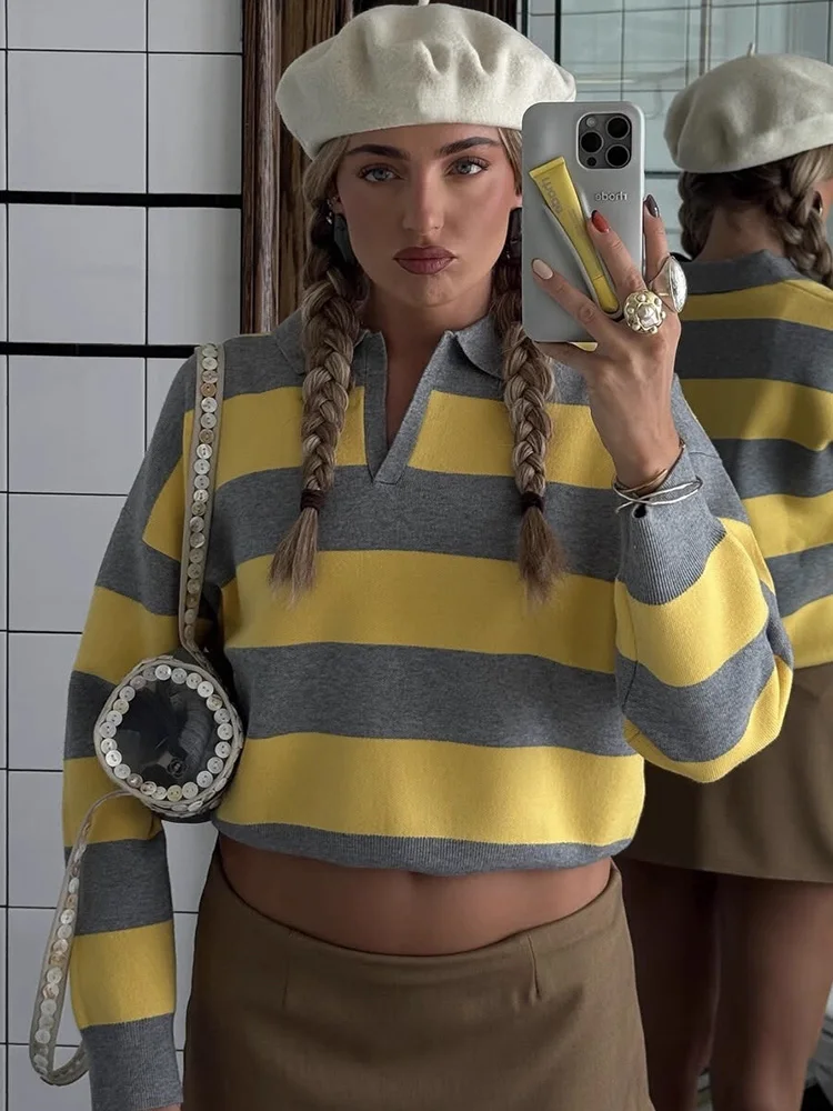 HH Woman Fashion Streetwear Loose Lazy 2-color Polo Collar Stripe Knitted Sweater Women Autumn Slim Long Sleeve Pullover Top