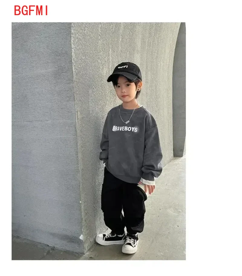 Boy Stylish Versatile Children\'s Sweatshirt 2026 New Long Sleeve Grey Patchwork T-shirt Loose-fit Korean Unisex Autumn Clothing
