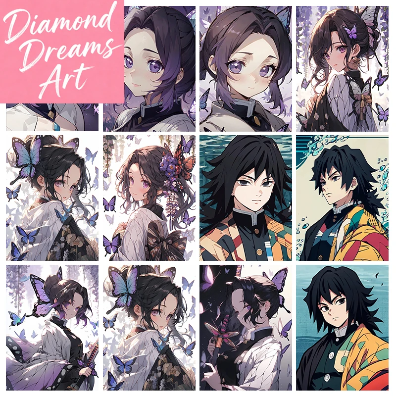 Dämonentöter 5D-Diamantgemälde Kochou Shinobu Diamant-Stickerei Voll-Diamant-Mosaik-Kunstbild DIY Heimdekoration Geschenk, gerahmt